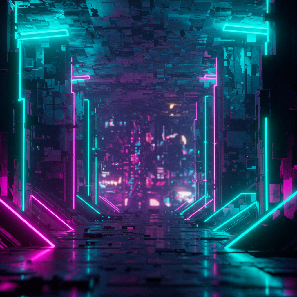 Abstract cyberpunk art with blue and purple neon lights